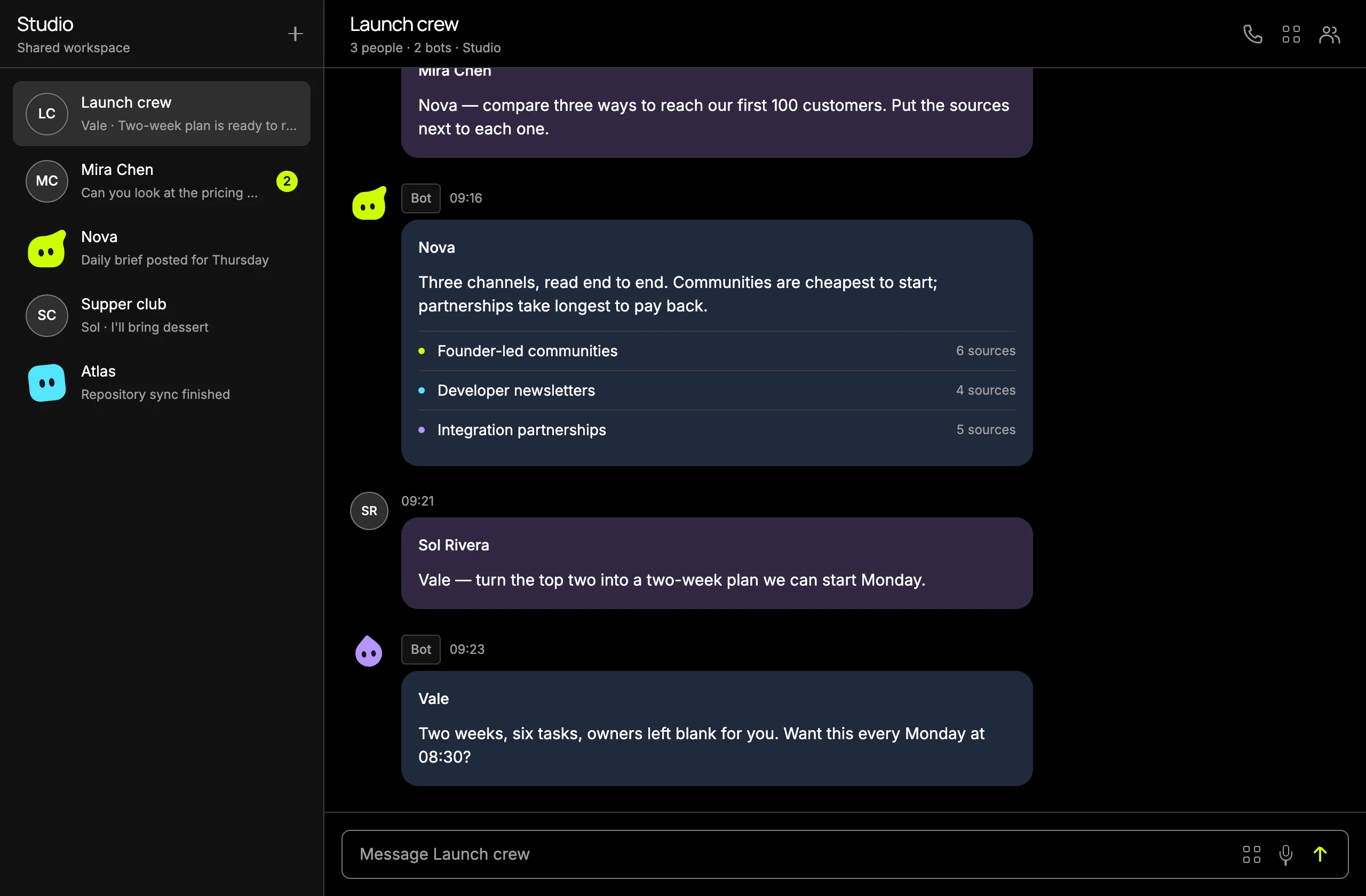 A sample group conversation: a person asks a bot for ways to reach the first hundred customers; the bot replies with three channels and source counts.