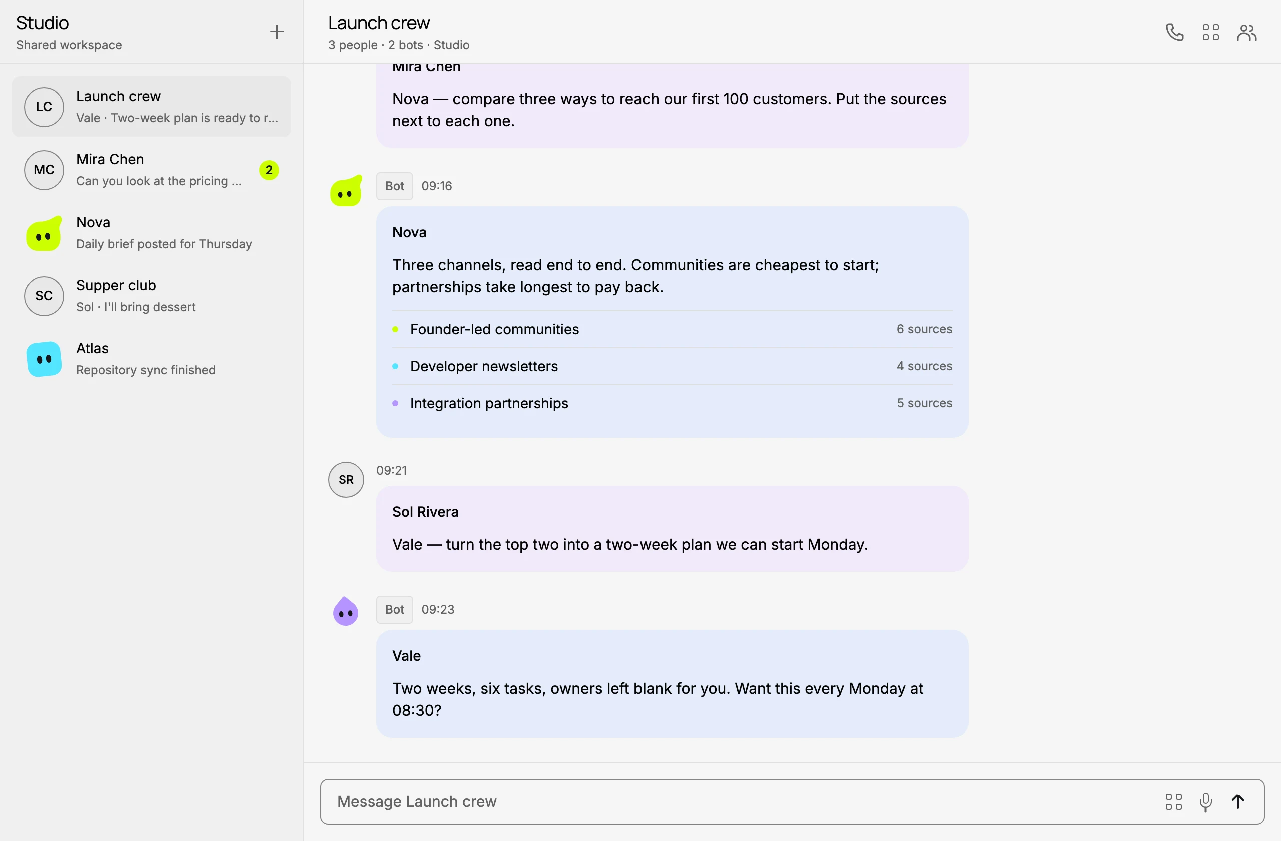 A sample group conversation: a person asks a bot for ways to reach the first hundred customers; the bot replies with three channels and source counts.