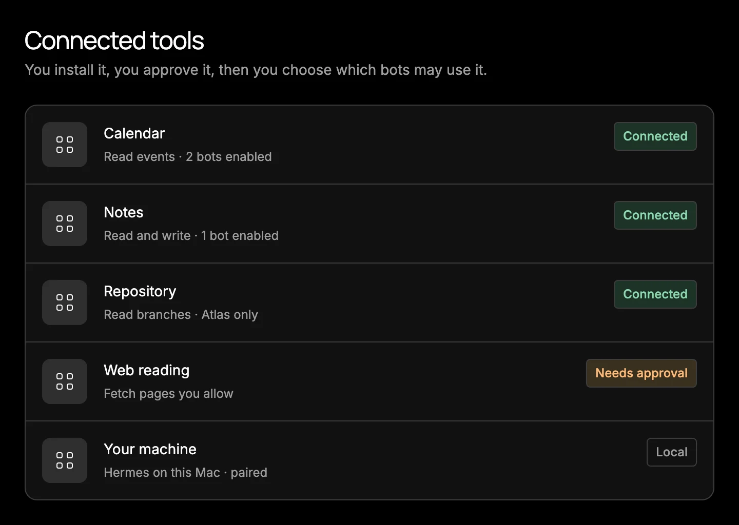 A connected tools list showing Calendar, Notes and a repository marked connected, web reading needing approval, and a local machine paired through Hermes.